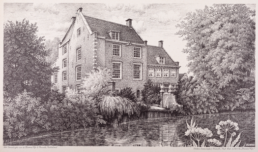  Gedrukte zwart-wit tekening van huis Camminga te Bunnik gezien vanuit het zuidoosten vanaf de Kromme Rijn
