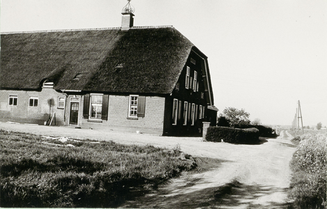Langhuisboerderij Julianahoeve voorgevel en linker zijgevel, rechts een landweg met houten telefoonpalen.