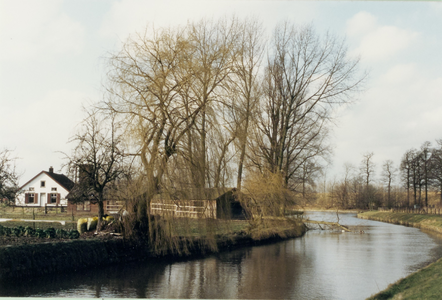  Gezicht op de Kromnme Rijn, links een bomenpartij en een witgepleisterd woonhuis met schuren.