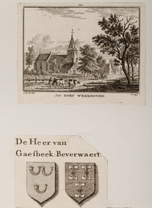  Compositieblad met een prentje (no. 110) van het dorp Werkhoven en met een afbeelding van het wapen van de heer van ...