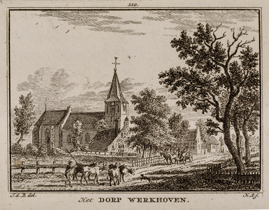  Gezicht vanuit noorden op het dorp Werkhoven met de Nederlands Hervormde kerk (no. 110)