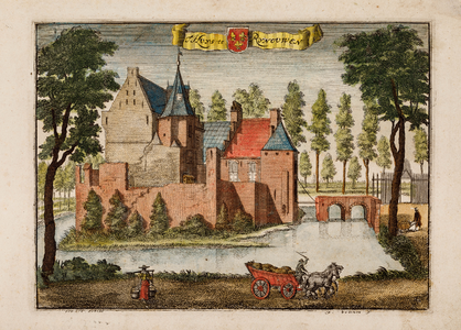  Gezicht vanuit het zuiden op kasteel Rhijnauwen, met gracht en brug, te Bunnik (licht ingekleurd)