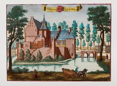  Gezicht vanuit het zuiden op kasteel Rhijnauwen, met gracht en brug, te Bunnik (donker ingekleurd)