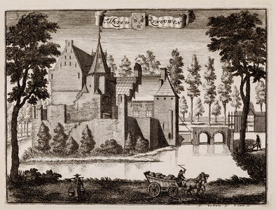  Gezicht vanuit het zuiden op kasteel Rhijnauwen, met gracht en brug, te Bunnik (latere staat)