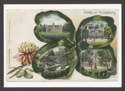  Vier bloembladeren met daarop plaatjes van Rijsenburg van het rooms-katholieke seminarie, hotel G.B. Schols, de ...