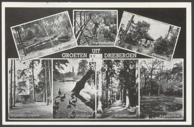  Zeven afbeeldingen van de Koekepan, Hertenkamp, Paddenstoel, Rijzenburgsebos, De Wildbaan, Willinkspark en Acaciavijver.
