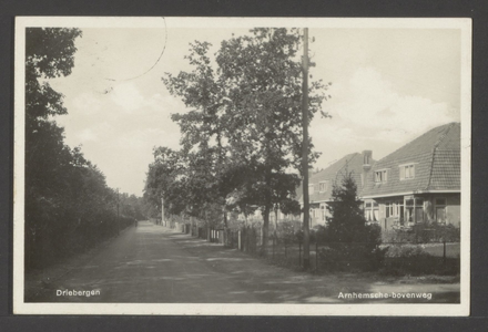  Een weg met bos aan de linkerzijde en dubbele woningen aan de rechterzijde.