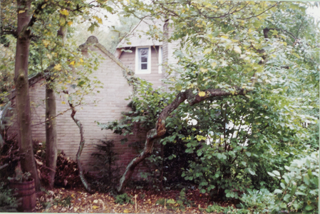  Achtertuin huis met boom en schuur en stapel hout.