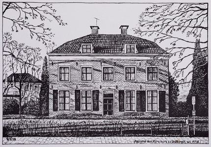  Tekening (reproductie) van de voorzijde van de pastorie van de Nederlands Hervormde Kerk te Driebergen tot 1978