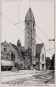  Tekening (reproductie) van de voorzijde van de Nederlands Hervormde Kerk te Driebergen in de dertiger jaren van de ...