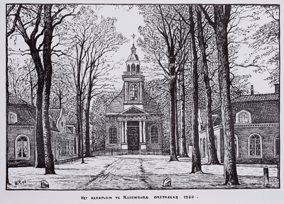  Tekening (reproductie) van de kerk met kerkplein te Rijsenburg omstreeks 1900
