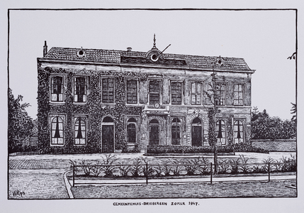  Tekening (reproductie) van de voorzijde van het gemeentehuis van Driebergen in de zomer van 1947