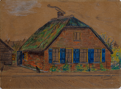  Potloodtekening in kleur van de voorzijde van een boerderijtje met rieten kap aan de Traay nr. 40 te Driebergen