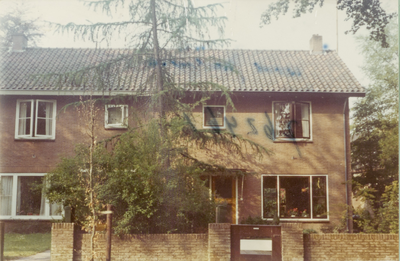  Twee huizen onder een dak met grote naaldboom midden voor.