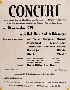  Aankondiging van een concert van de Chr. Oratorium Vereniging te Driebergen-Rijsenburg in de Nederlands Hervormde Kerk ...