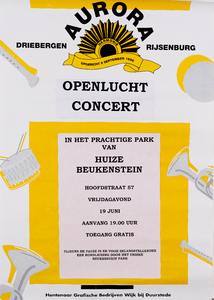  Aankondiging openlucht concert van de Harmonie Aurora te Driebergen-Rijsenburg in het parkt van Huize Beukenstein