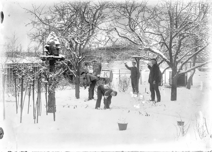  boomgaard met sneeuwballen gooiende jongens
