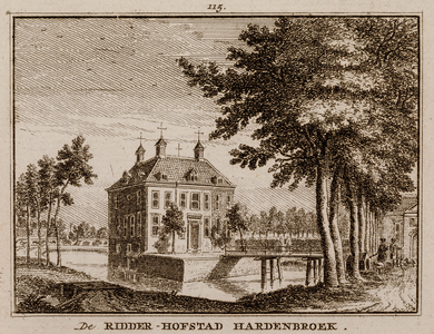  Gezicht op de voor- en zijgevel van huis Hardenbroek, met gracht en brug, te Driebergen-Rijsenburg (no. 115)
