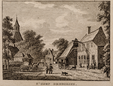  Gezicht in het dorp Driebergen met links de St.-Catharinakapel en rechts het logement De Prins van Oranje