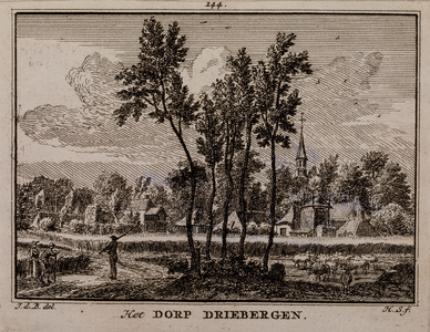  Gezicht over een korenveld en enkele bomen op het dorp Driebergen met toren van de Sint Catharina-kapel (no. 144)