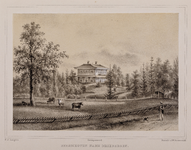  Gezicht, over een weiland met koeien en een wandelaar, op de voor- en zijgevel van huis Beerschoten te Driebergen-Rijsenburg