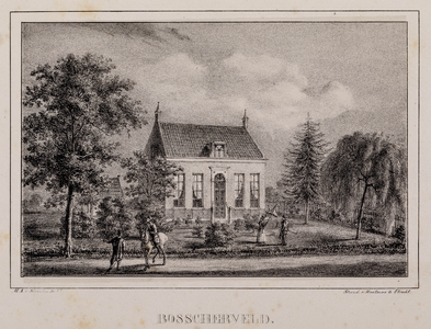  Gezicht op de voor- en zijgevel van huis Bosscherveld te Driebergen-Rijsenburg, met enkele personen en een ruiter te ...