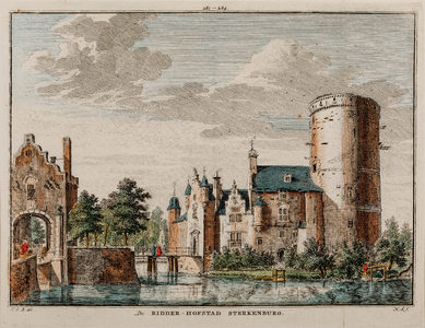  Gezicht op de voor- en zijgevel van huis Sterkenburg te Driebergen-Rijsenburg met gracht en poortgebouw (no. 281-284) ...
