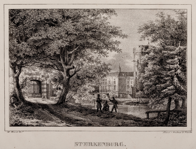  Gezicht op de voorgevel en toren van huis Sterkenburg te Driebergen-Rijsenburg met toegangspoort, gracht, brug en ...