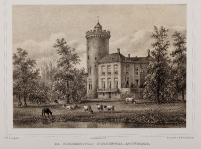  Gezicht vanuit het noordoosten op de achterzijde en toren van huis Sterkenburg te Driebergen-Rijsenburg met gracht en ...