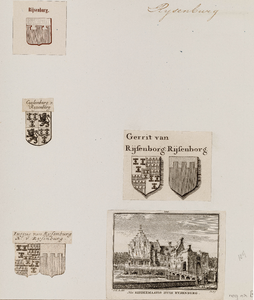 Compositieblad met 4 wapentekeningen (van Rijsenburg) en een prentje (no. 124) van het riddermatige huis Rijsenburg