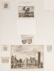  Compilatieblad met 5 wapentekeningen (Driebergen, Van Sterkenburg) en 2 prentjes van het dorp Driebergen (no. 144) en ...