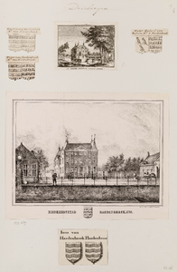  Compilatieblad met 4 wapentekeningen (Van Hardenbroek) en twee prenten van de ridderhofstad Hardenbroek te ...