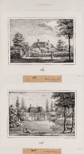  Compilatieblad met een prent van het huis van de weduwe Mouwe (geboren Harbers) en een prent van het huis van de heer ...