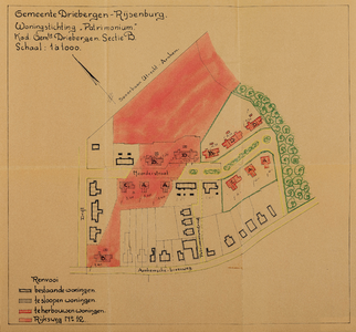  Manuscriptkaart van (te slopen) woningen van de Woningstichting ,,Patrimonium ten noorden van de Arnhemse Bovenweg ten ...