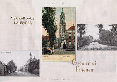  Omslag geïllustreerde verjaardagskalender 'Groeten uit Rhenen' met 12 maandbladen voorzien van afdrukken van ansichtkaarten