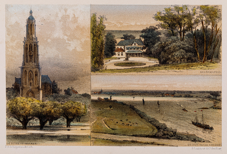  Compilatie (ingekleurd) met een gezicht op de kerk te Rhenen, op huis Heimerstein en op de Rijn bij de Grebbe