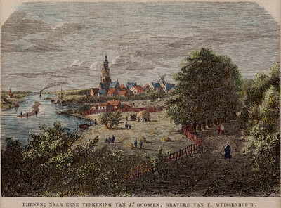  Gezicht (ingekleurd) vanuit het oosten op de Rijn en Rhenen
