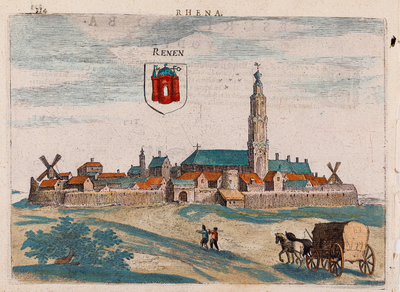  Gezicht (ingekleurd) vanuit het westen op Rhenen met twee mensen op de voorgrond, het wapen van Rhenen en een koets