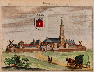  Gezicht (ingekleurd) vanuit het westen op Rhenen met twee mensen op de voorgrond, het wapen van Rhenen en een koets