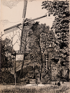  Pentekening met een gezicht vanuit het oosten op de windmolen in Rhenen