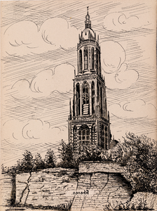  Pentekening met een gezicht vanuit het zuiden bij de stadswal op de Cunera-toren in Rhenen