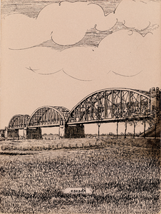  Pentekening met een gezicht vanuit het oosten op de spoorbrug over de Rijn bij Rhenen