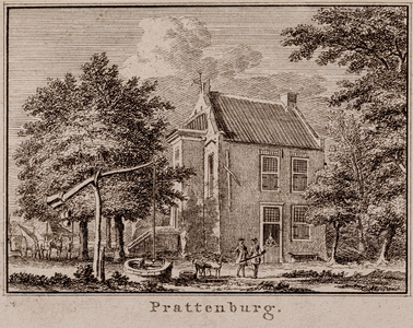  Gezicht op de zijgevel van huis Prattenburg, met een waterput, te Rhenen