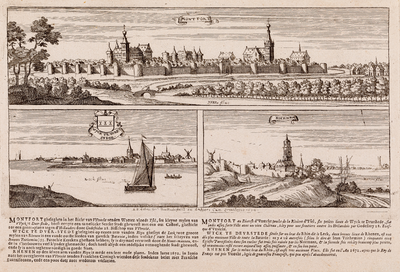  Compositie met boven: Gezicht op de ommuurde stad Montfoort met links het kasteel en rechts de Janskerk, uit het ...