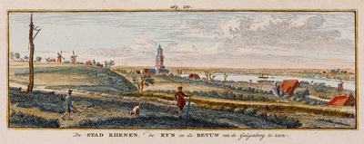  Gezicht (ingekleurd) (269, 270) vanuit het westen, vanaf de Galgenberg, op Rhenen, de Rijn en de Betuwe
