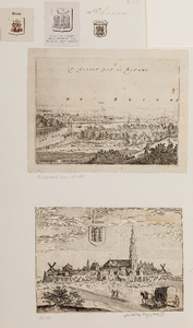  Compositieblad met 3 tekeningen van het wapen van Rhenen, een afbeelding getiteld 't Gesigt van de Betuwe (linkerdeel ...