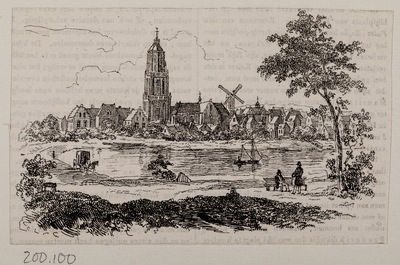  Gezicht over de Rijn op de stad Rhenen met een koets en enkele personen op de voorgrond