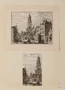  Compositieblad met een ongetitelde afbeelding van de markt, de stadswaag, het stadhuis en de kerk te Rhenen (C. ...