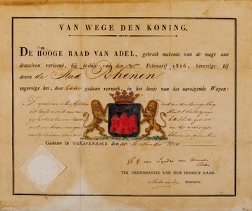  Verklaring van de Hoge Raad van Adel met bevestiging, beschrijving en tekening van het wapen van de stad Rhenen