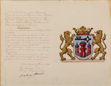  Verklaring van de Hoge Raad van Adel met verlening, beschrijving en tekening van het wapen van de gemeente Rhenen